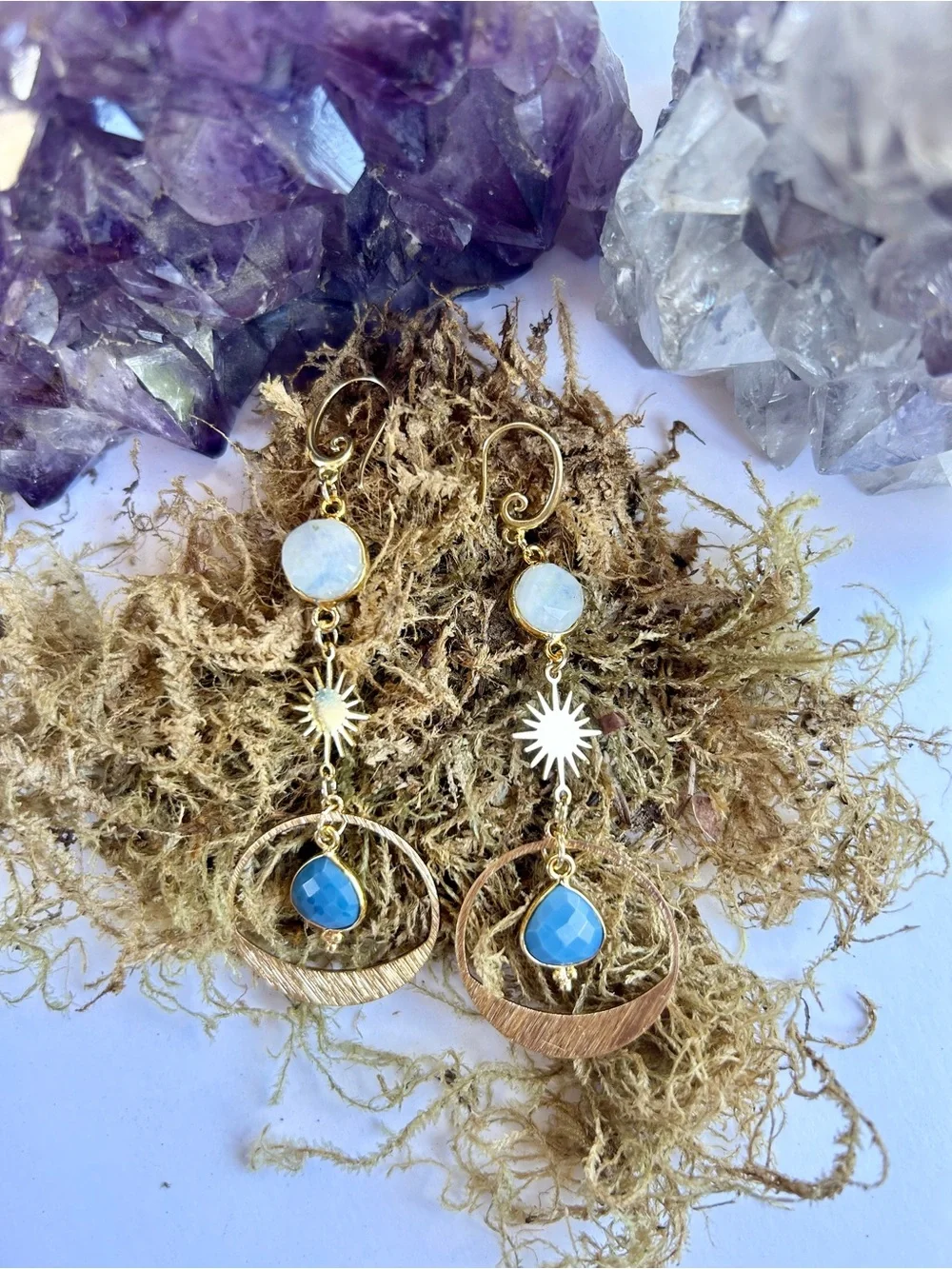 Gold-Tone Moonstone & Blue Teardrop Sunburst Dangle Earrings